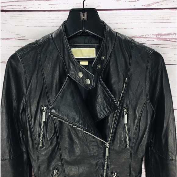 Michael Kors Women's Black Leather Biker Moto Jacket Zip Pockets Size S - Picture 2 of 10